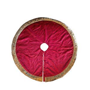Red Quilted Velvet Christmas Tree Skirt Gold Trim Button Closure